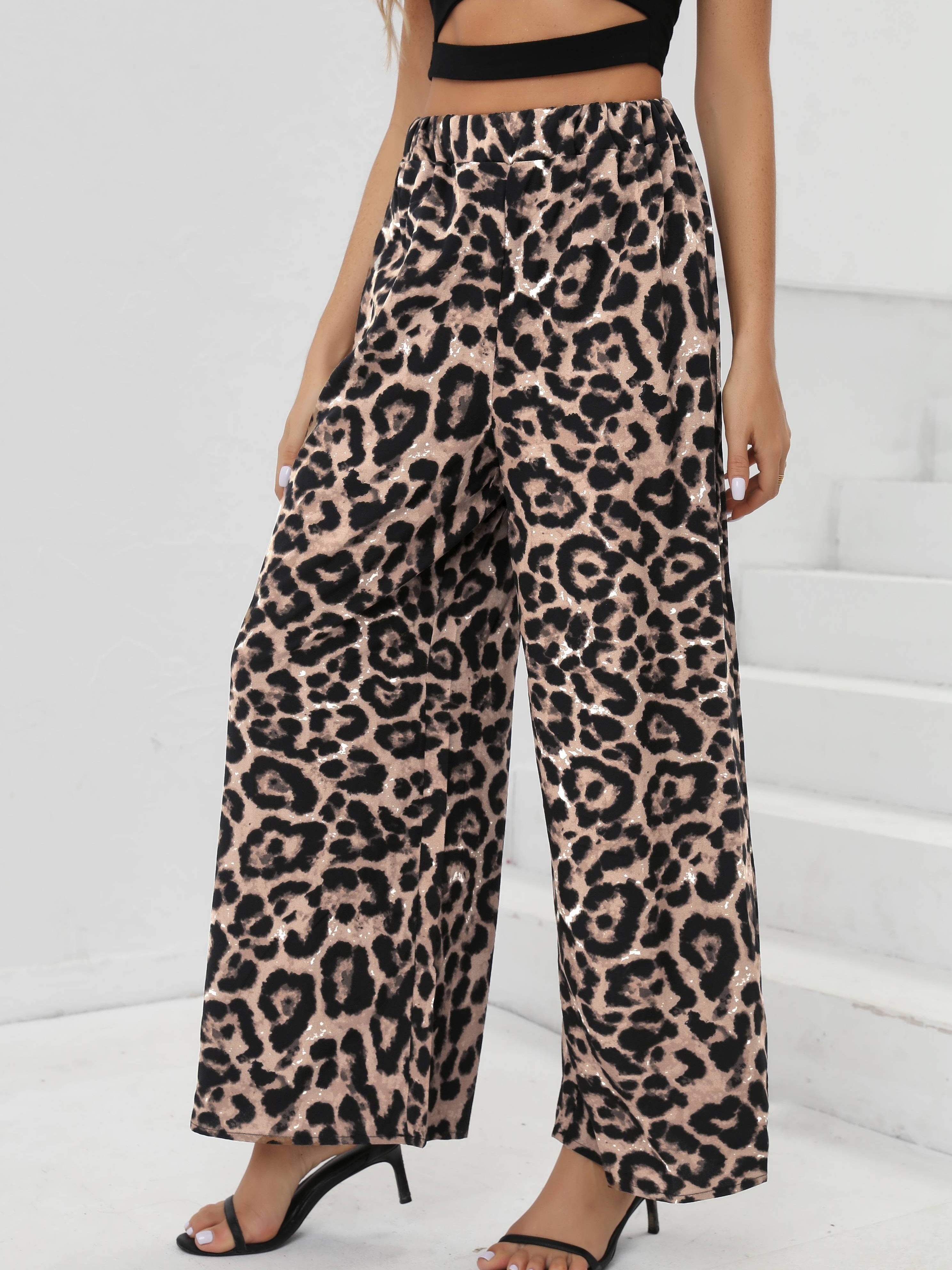 Leopard Print Wide Leg Pants Casual Belted High Waist Pants - Temu