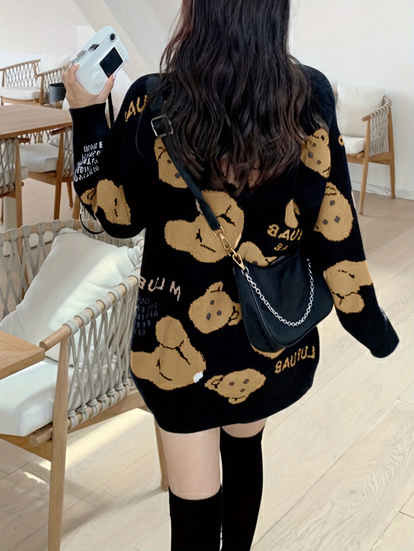 Letter and Bear Print Long-sleeve Knitwear Sweater