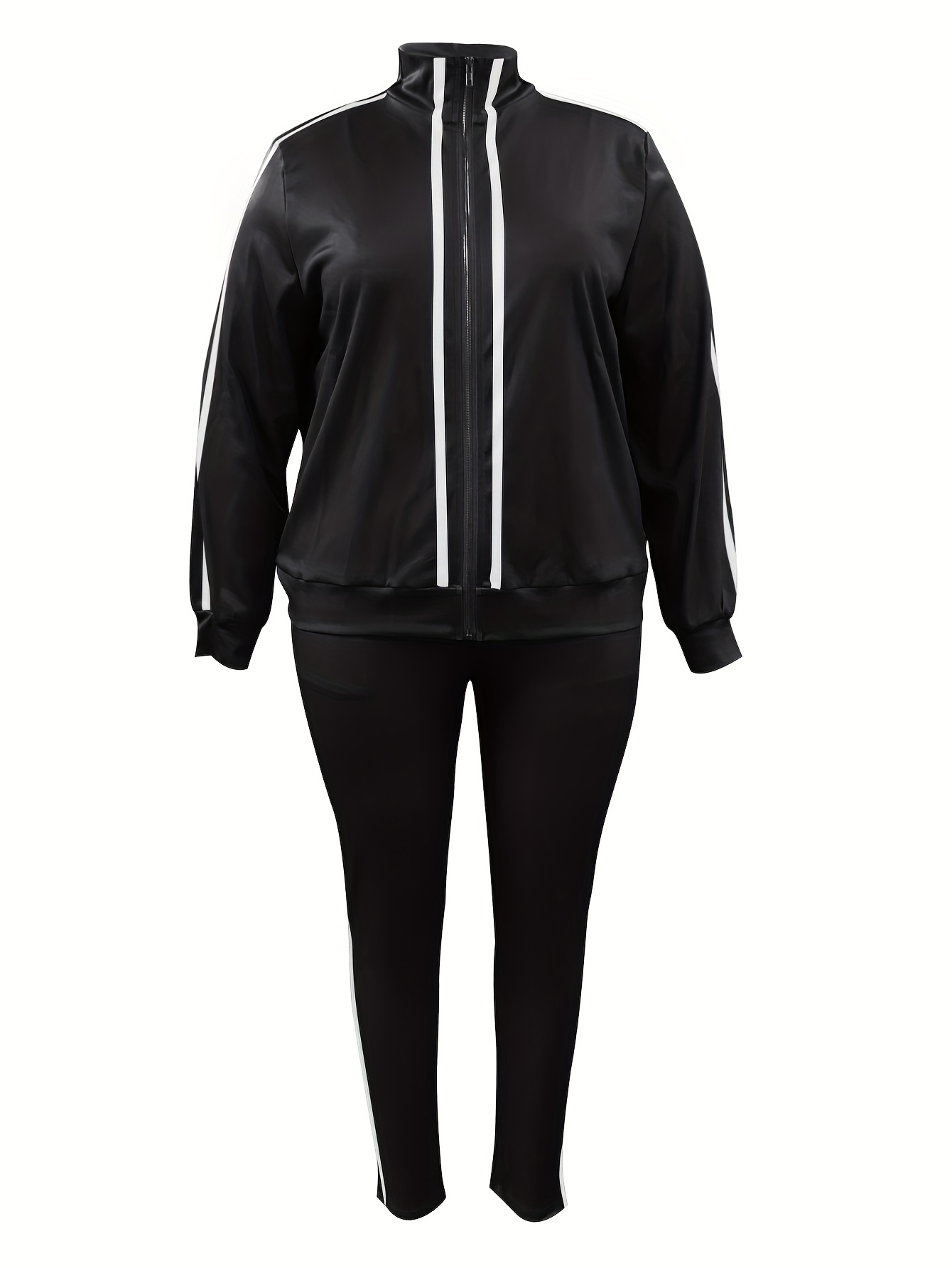 Plus Stripe Print Two Piece Set High Neck Jacket & Pants