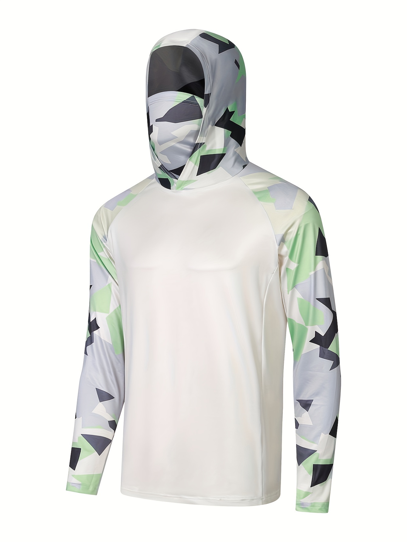 Men's UPF 50+ Sun Protection Hoodie With Mask, Leaf Pattern Long Sleeve Comfy Quick Dry Tops For Men's Outdoor Fishing Activities