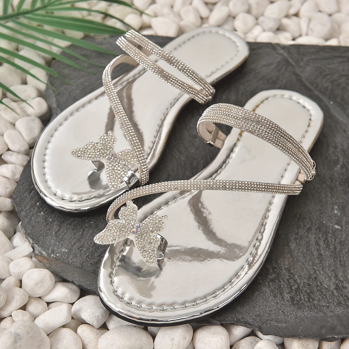 Cethrio Womens Summer Flats Sandals- Slides Sandal with Rhinestone