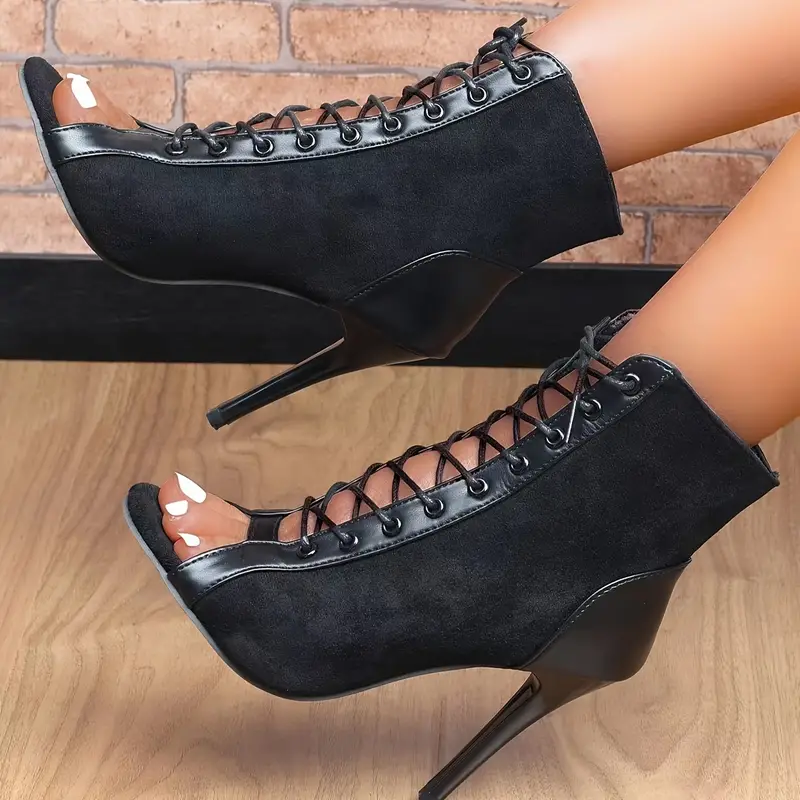 womens solid color boots lace up casual high heel hollow out boots peep toe summer slim boots details 1