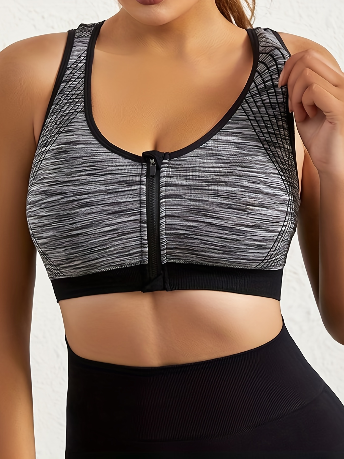 Zipper Front Contrast Binding Shockproof Sports Bra Workout - Temu