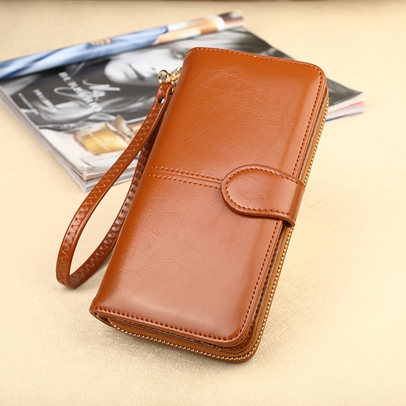 Faux Leather Long Wallet, Women's Fashion Zipper Solid Color Wallet With  Wristlet - Temu