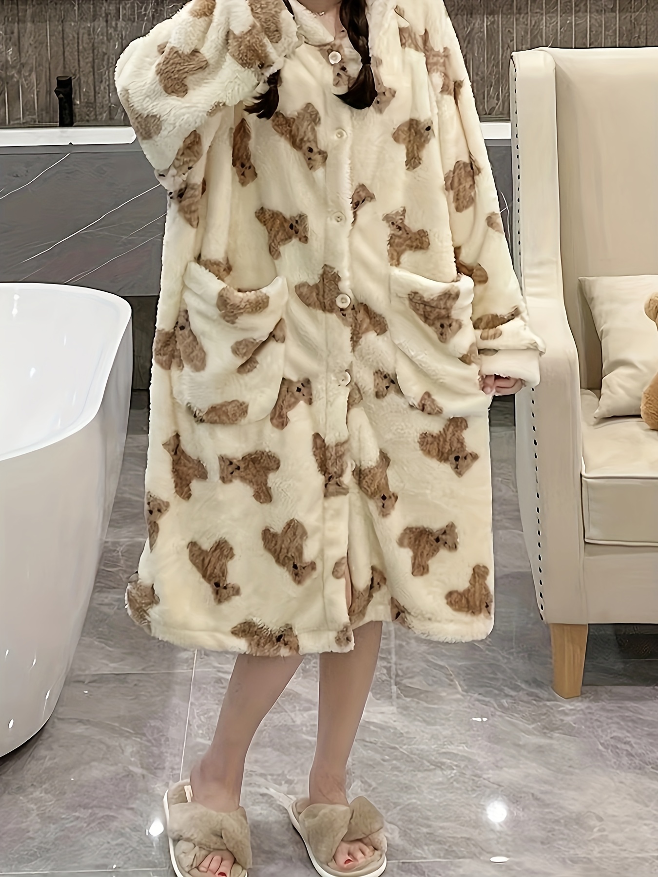 Thickened And Velvet Cute Little Bear Nightgown, Long Sleeve Cute Hooded  Loose Pajamas Housewear, Women's Sleepwear & Loungewear