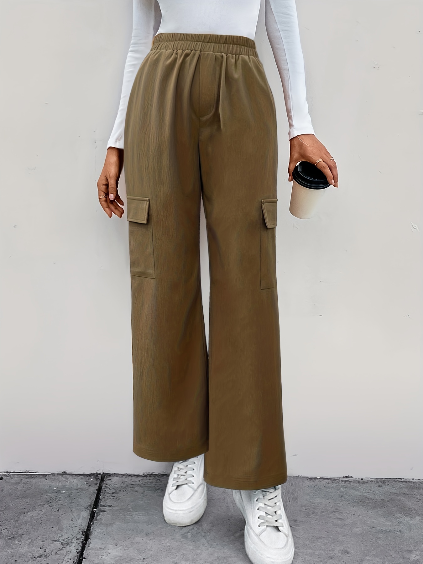 Pantaloni Uni Cu Talie Înaltă, Pantaloni Casual Cu Buzunare Înclinate, Îmbrăcăminte Pentru Femei