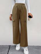 solid high waist pants casual straight leg slant pockets pants womens clothing
