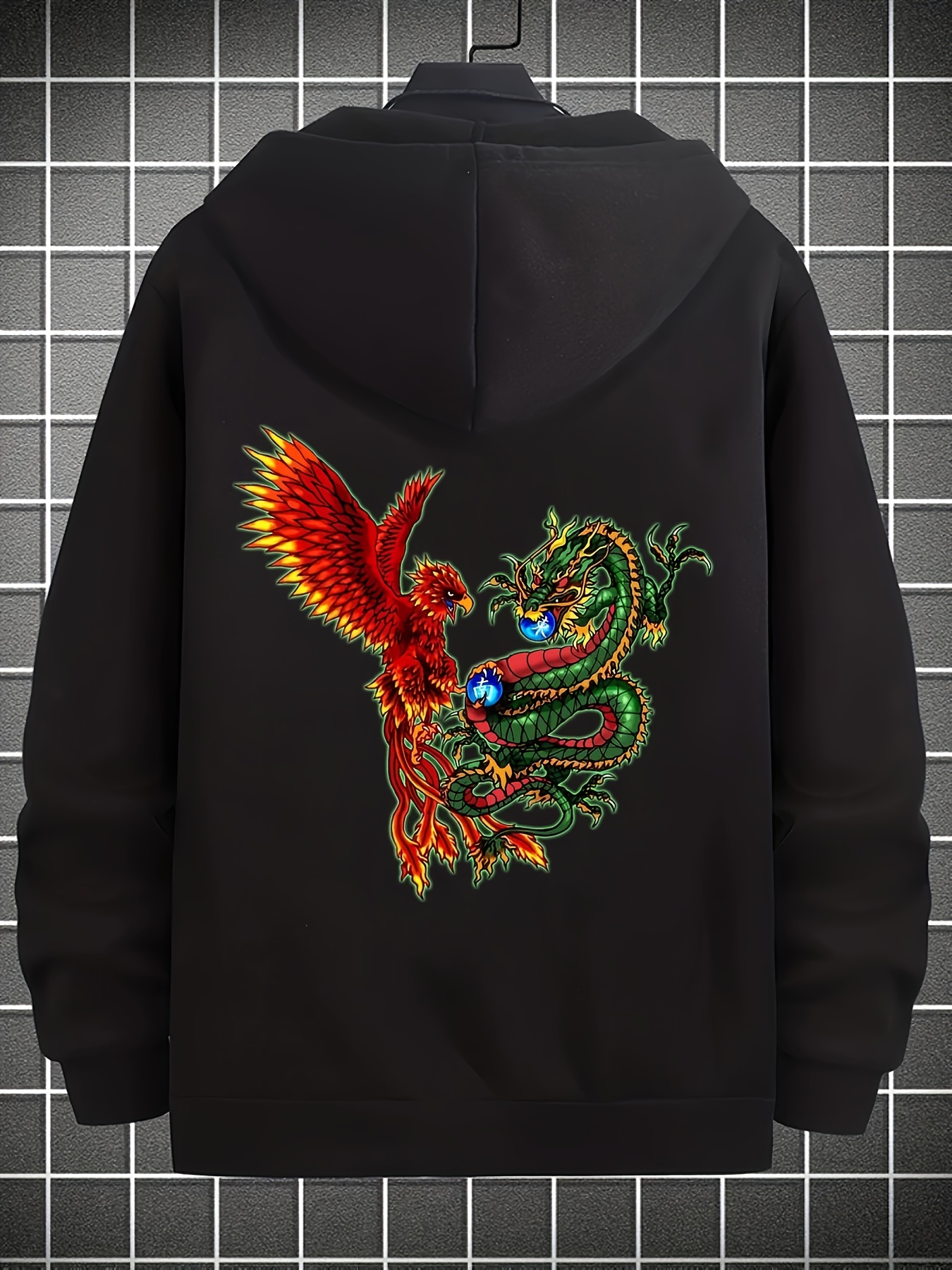 Plus Size Dragon Phoenix Print Men's Zip Hooded Jacket Side - Temu