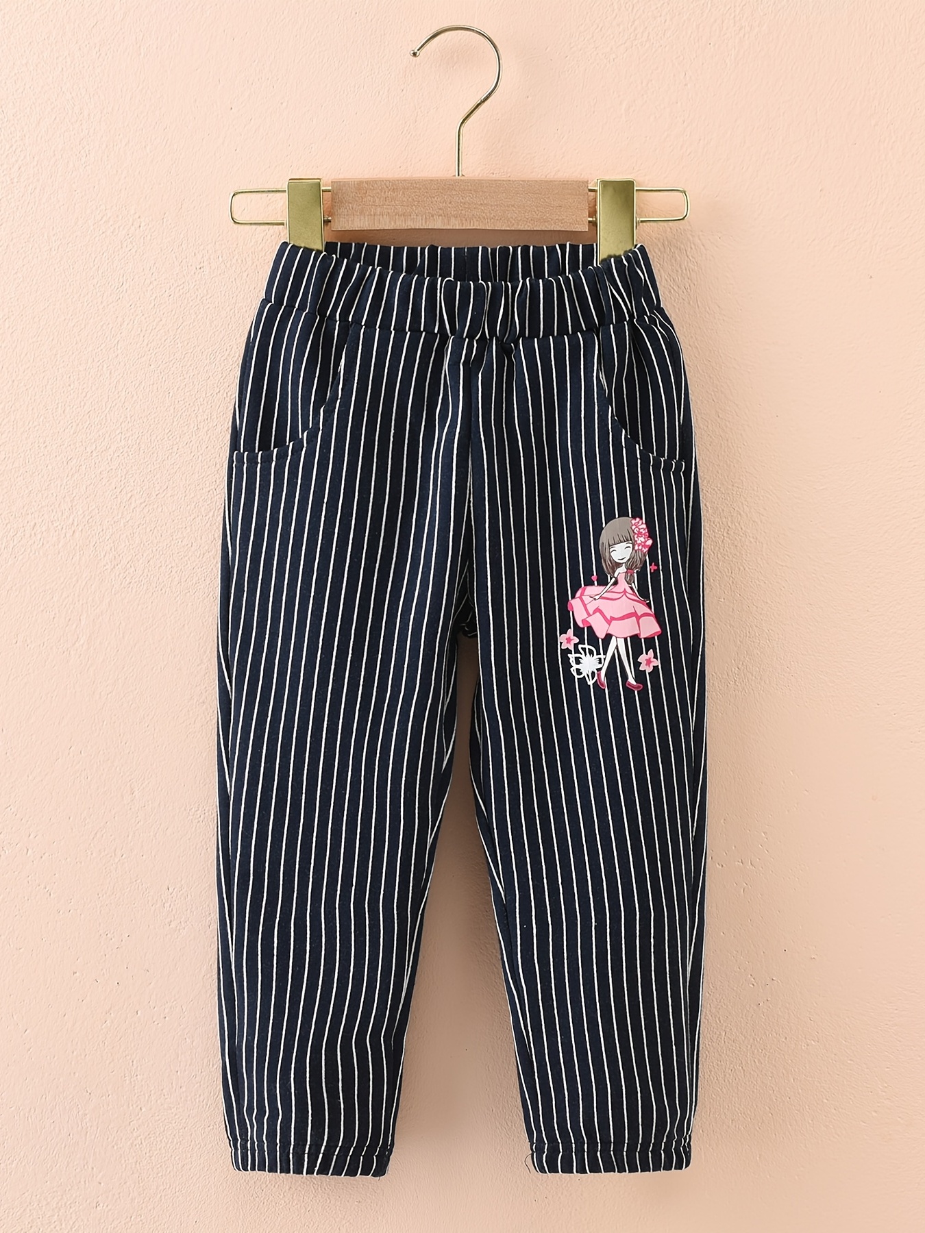 Girls Casual Striped Pants with Cartoon Print