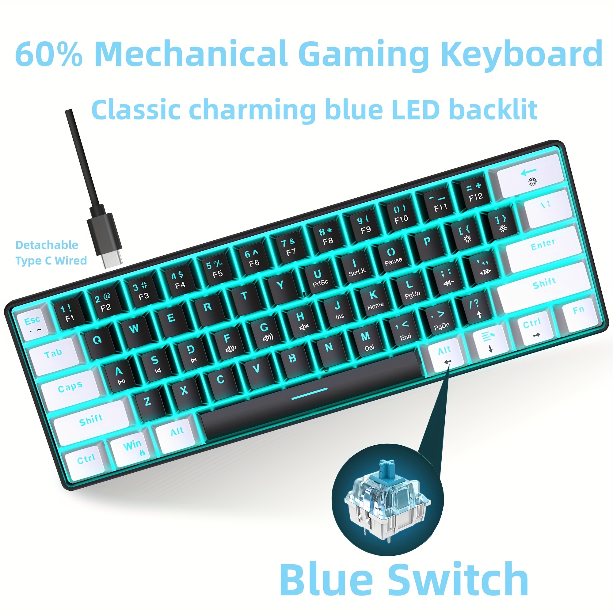  TECURS 60% Wired Mechanical Gaming Keyboard, LED Backlit 61  Keys Ultra-Compact Mechanical Keyboard Blue SwitchKeys for PC Windows :  Video Games