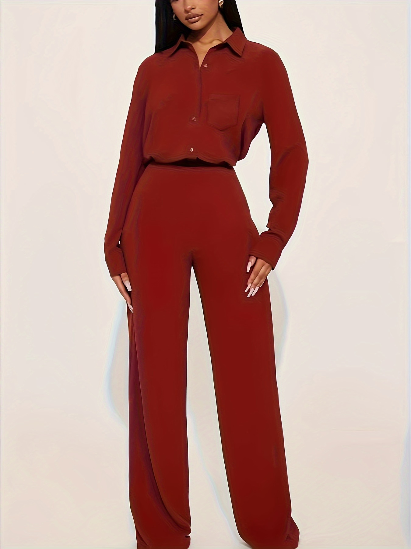 NKOOGH Wedding Guest Jumpsuit for Women Womens Pant Suit Petite Women 2  Piece Outfits Casual Long Sleeve Loose Fit Button Shirts Blouses Tops Wide  Leg
