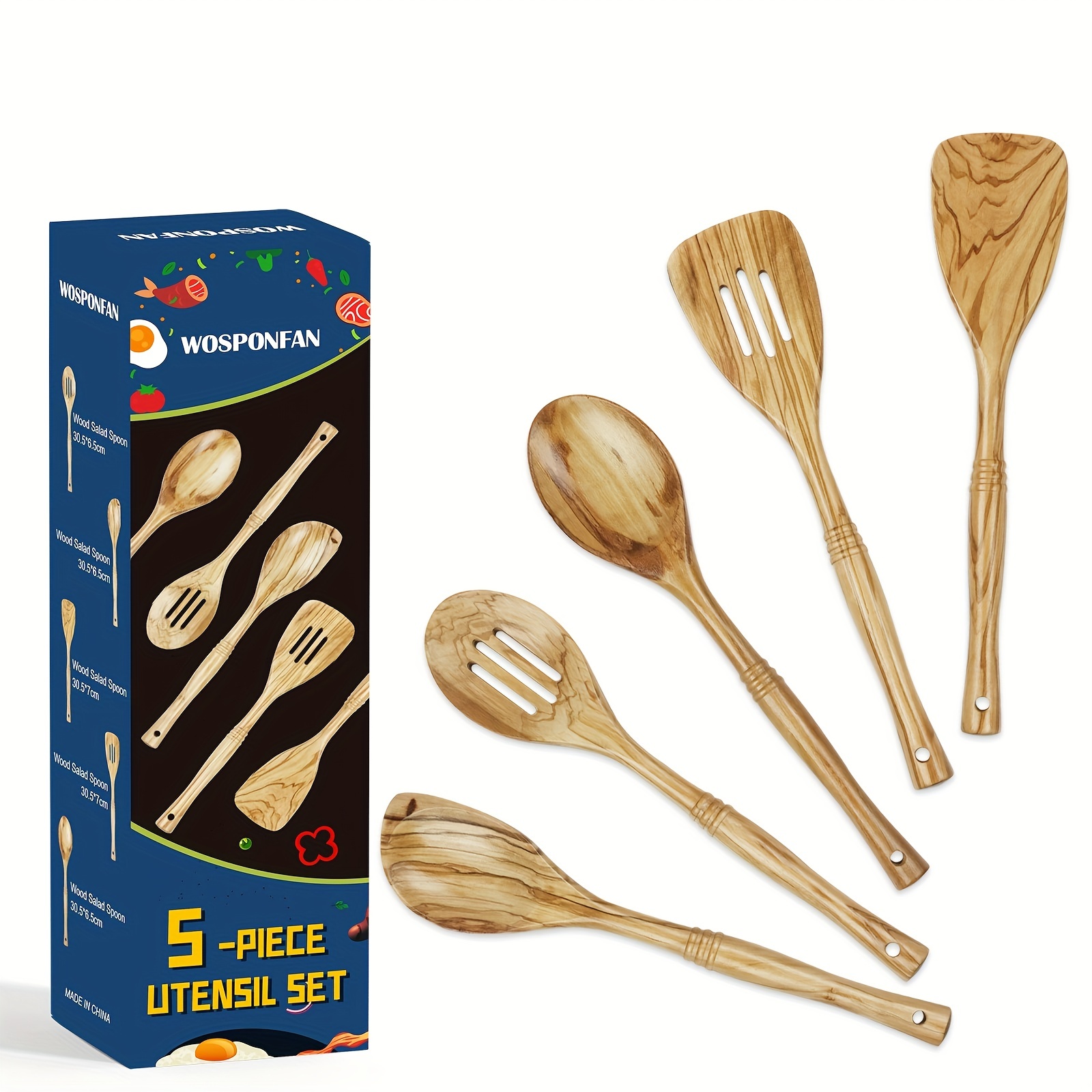 WOSPONFAN Kitchen Utensils Set - Wooden Spoons for Cooking, Natural Teak  Wooden Utensils - Includes Wooden Spoons, Spatula Set, Slotted Spoon 