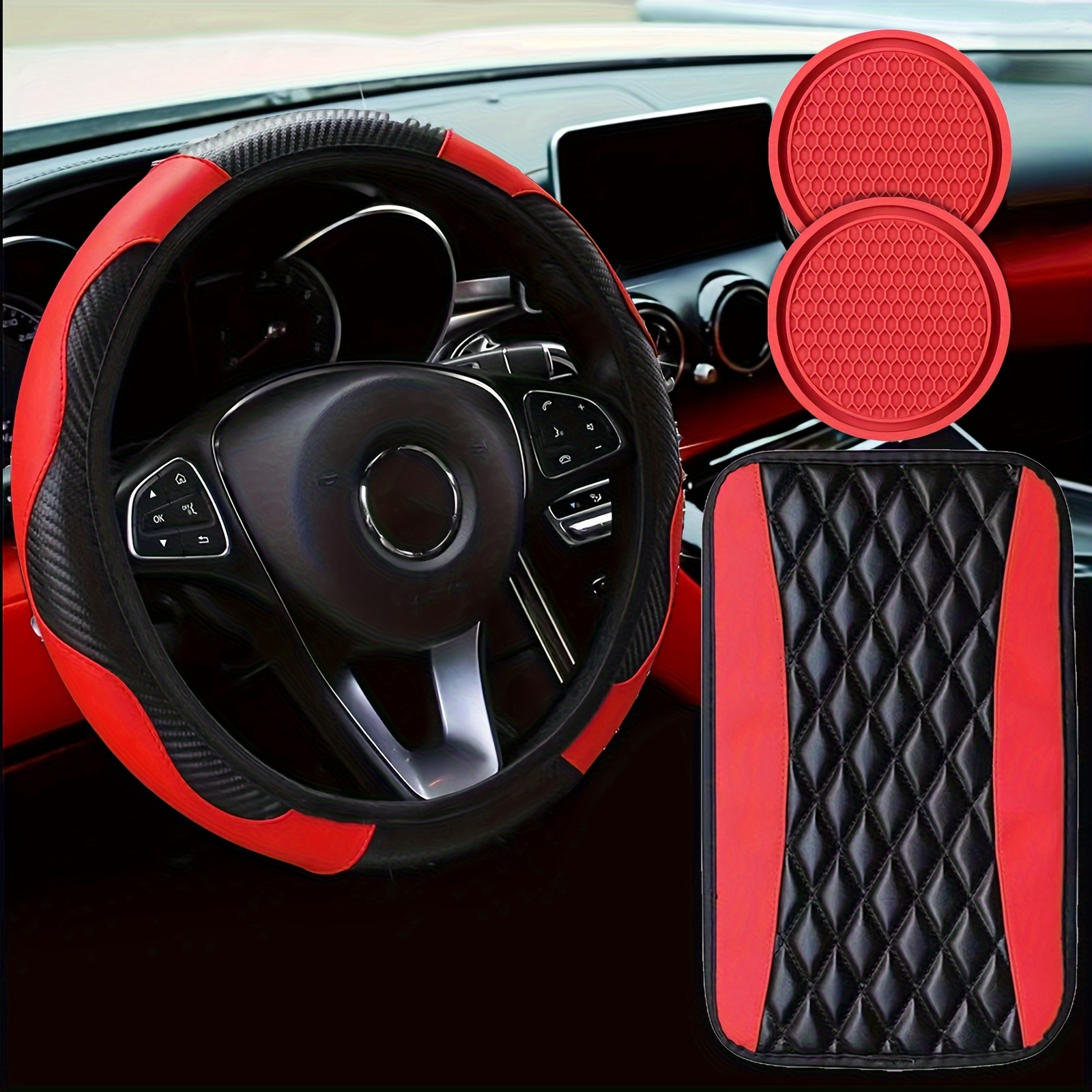 30 Pcs Car Accessories Set PU Leather Steering Wheel Cover Anti Slip  Steering Wheel Protector Car Vent Trim Strips Air Conditioner Insert Strips  with