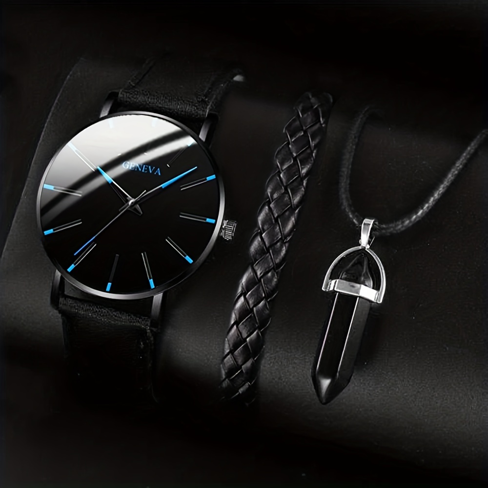 3pcs set 1 round mens quartz watch and 1 bracelet 1 necklace ideal choice for gifts details 1