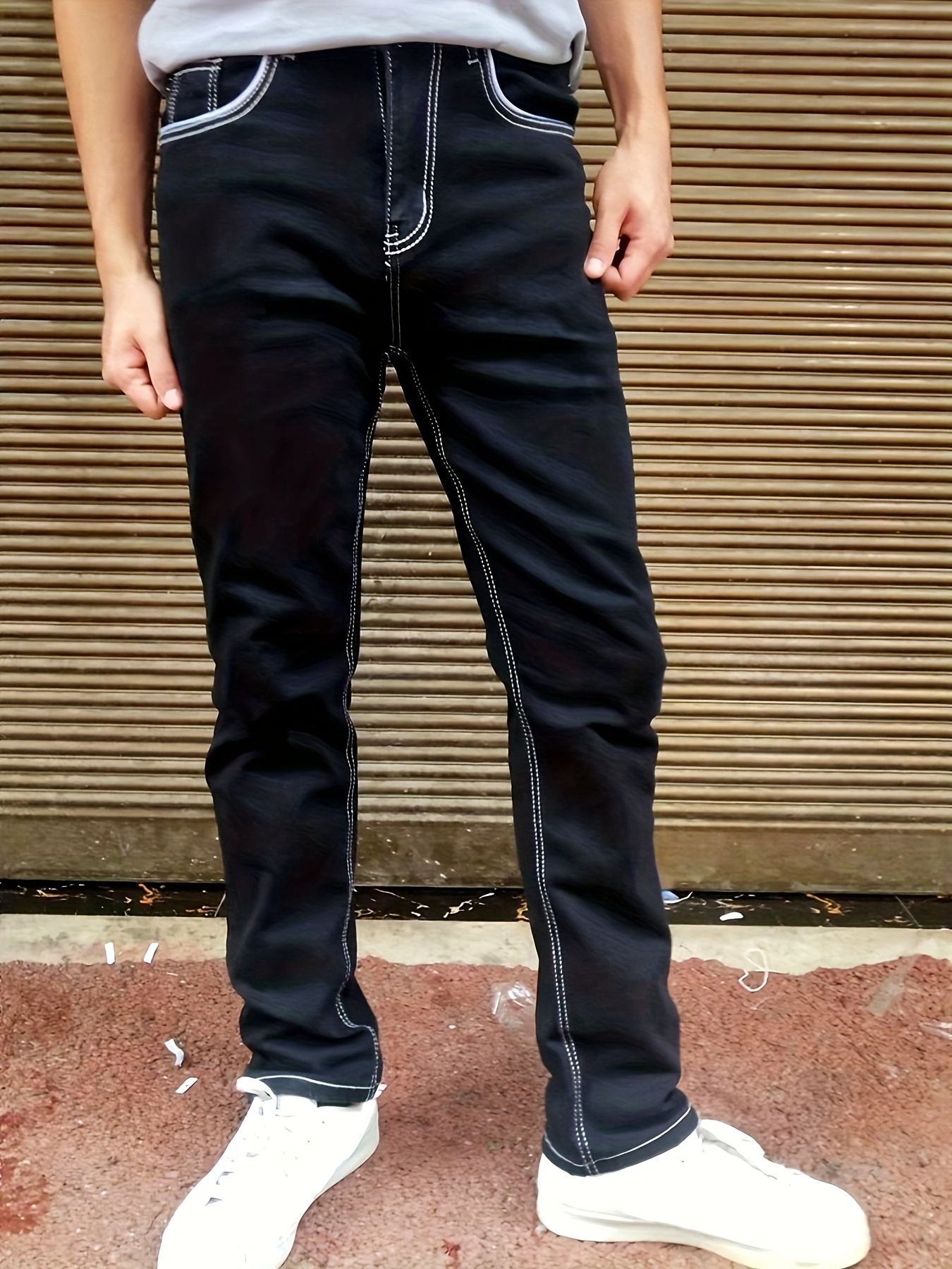 Men's Jeans Black Jeans With White Thread Men's Stretch Denim