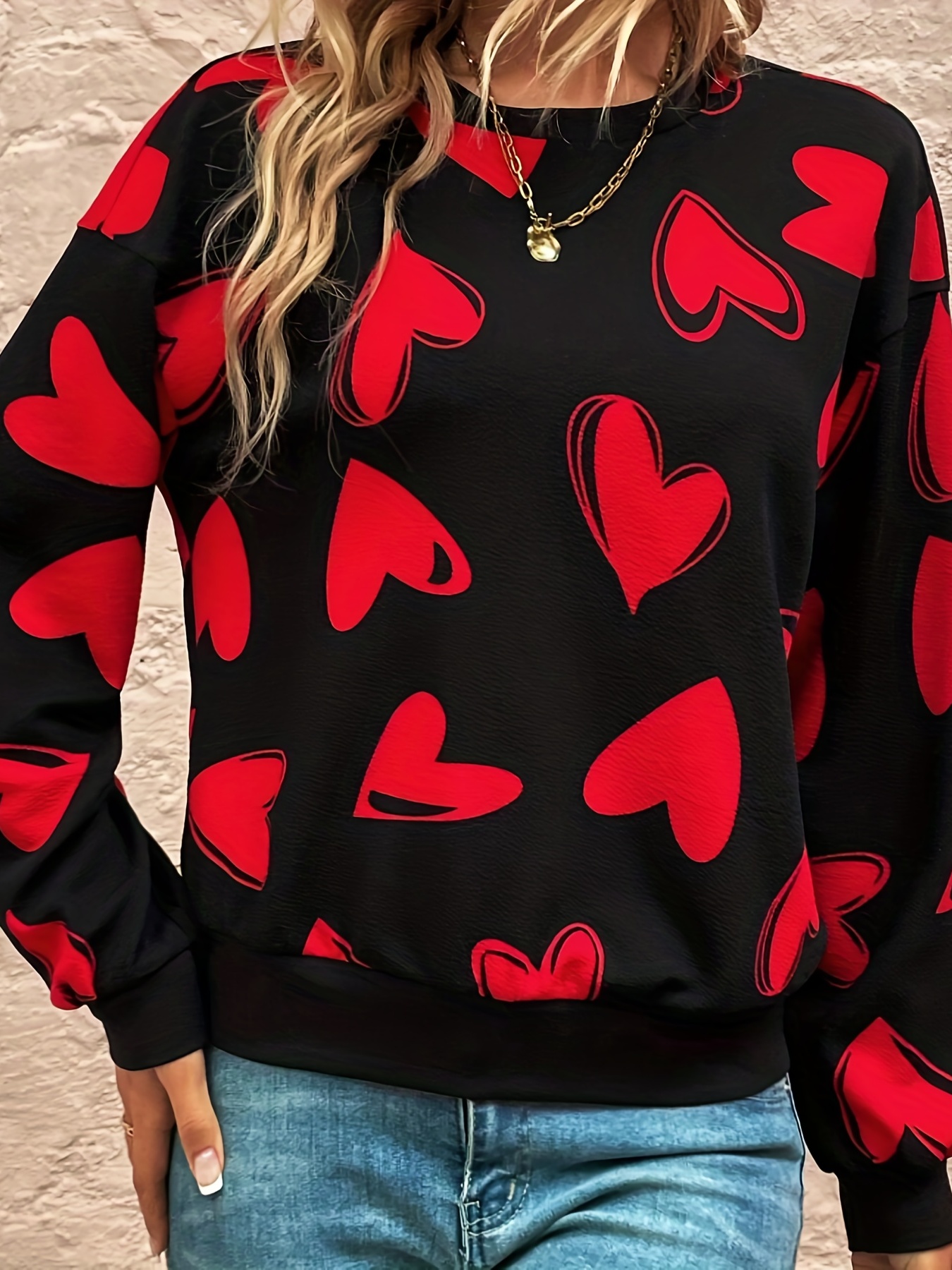 Heart Print Pullover Sweatshirt, Casual Long Sleeve Crew Neck Sweatshirt  For Spring & Fall, Women's Clothing - Temu Germany