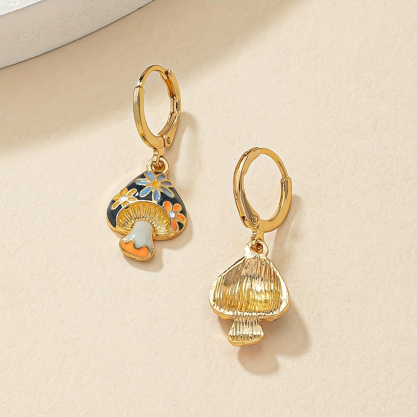 A Pair Of Golden, Cute, And Beautiful Enamel Drip Mushroom Earrings With A , Perfect As A Gift
