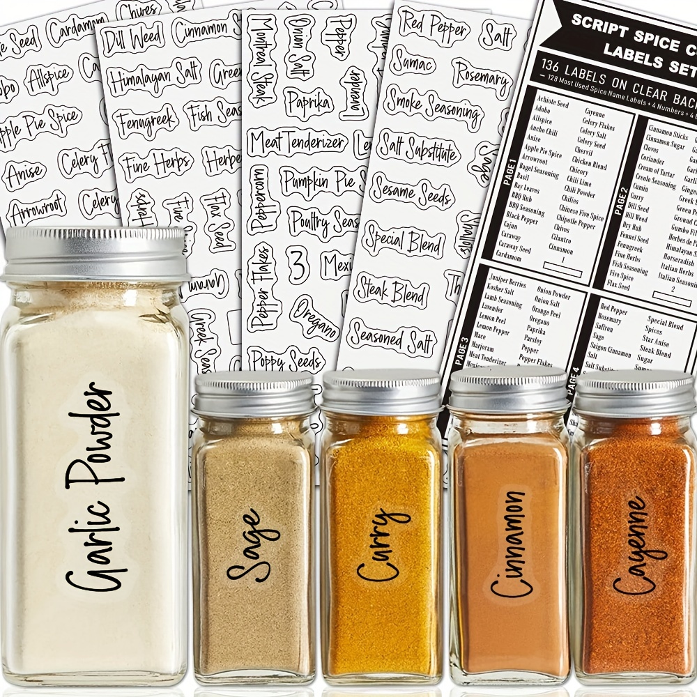 136pcs Spice Labels, Clear Spice Jar, Labels Preprinted, Water Resistant  Stickers, Black And White Script, For Seasoning Herbs/ Kitchen Spice Rack  Org