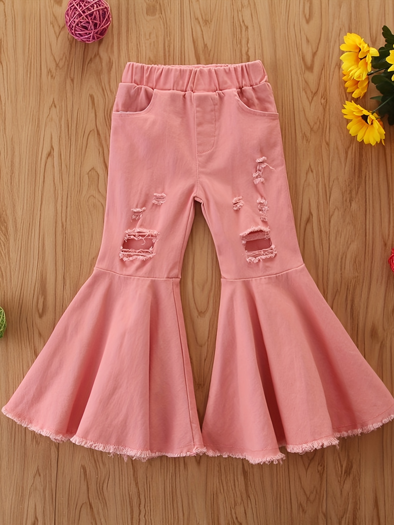 Girls' Hipster Bell Bottom Ripped Hem Candy Color Flared - Temu Canada