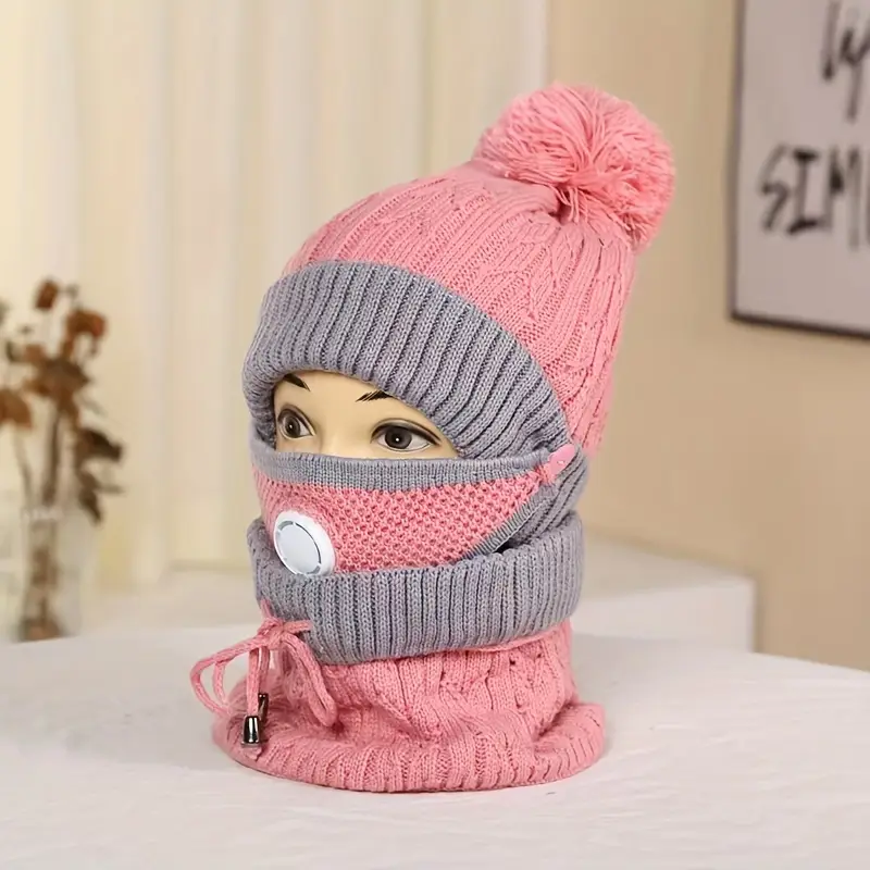 3-teiliges Set für Damen, kuschelige Strickmütze mit Bommel, abnehmbare Gesichtsmaske, Kapuzenschal, dicker elastischer Polyester-Halswärmer mit Ohrenschutz, Details für kaltes Wetter 2