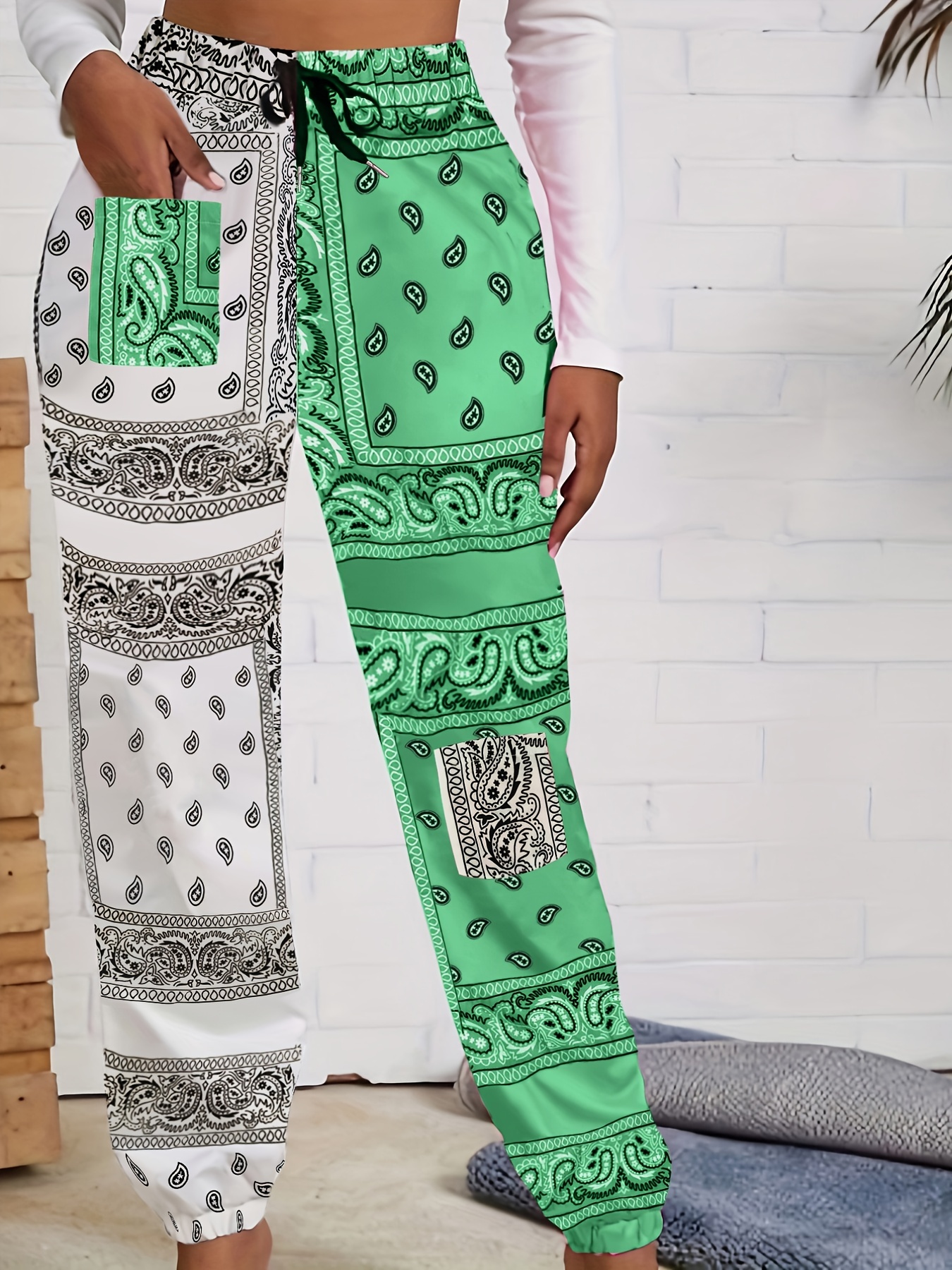 Plus Size Boho Pants Women's Plus Colorblock Paisley Print - Temu
