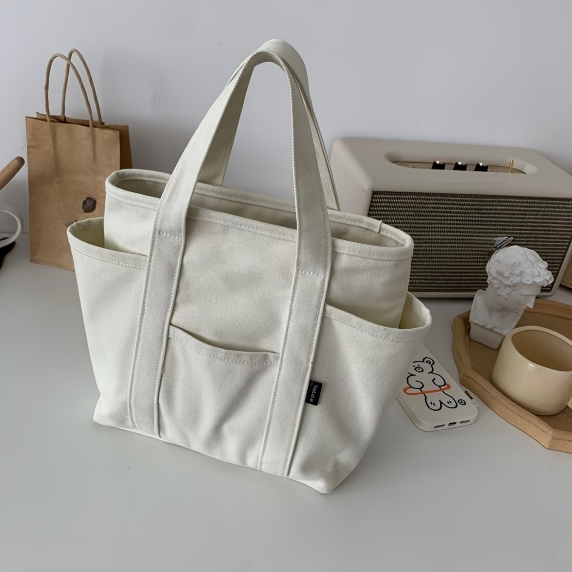 Small Multi Pockets Tote Bag Portable Canvas Lunch Box Bag - Temu