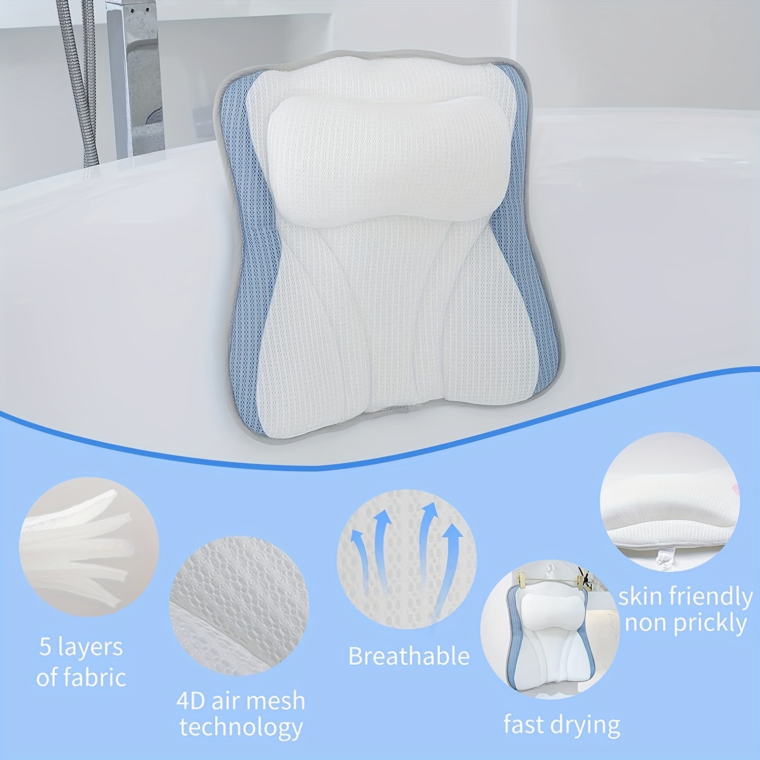 4D Bath Pillows for Tub Neck and Back Support Tub Pillow Headrest Bathtub  Pillow