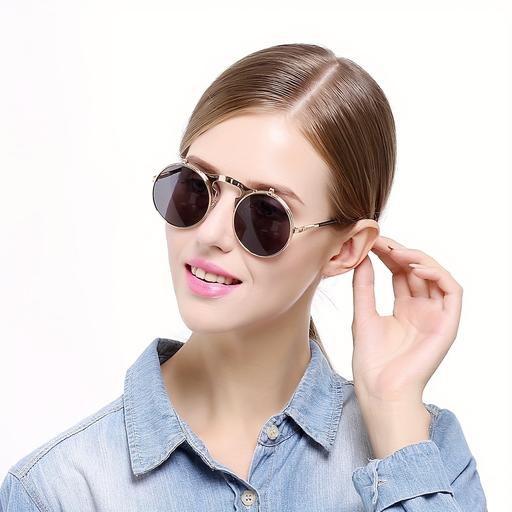 Flip Round Sunglasses For Women Men Retro Punk Metal Frame Fashion Mirrored  Sun Shades For Beach Party Travel