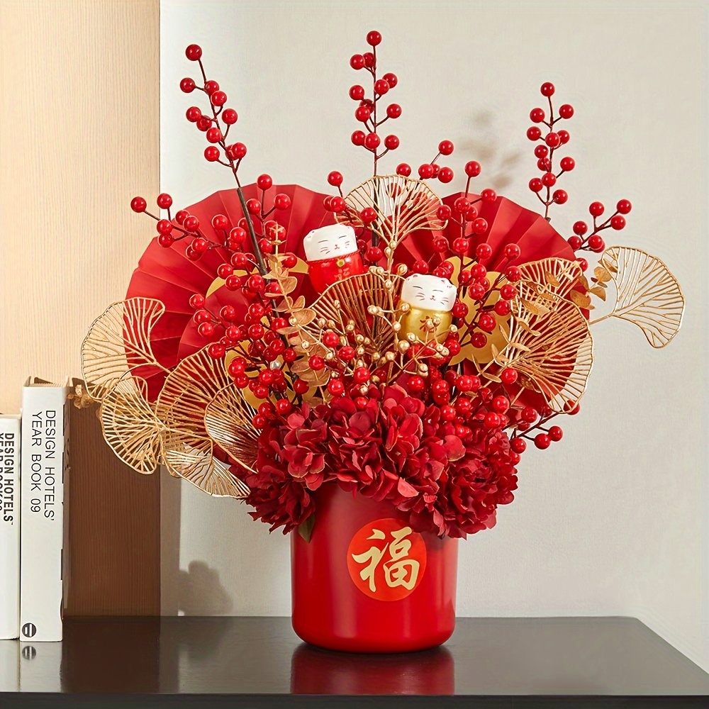 Artificial Spring Festival Centerpiece Decoration, Potted Red Picks for  Home Office Chinese New Year Decor , Style D 