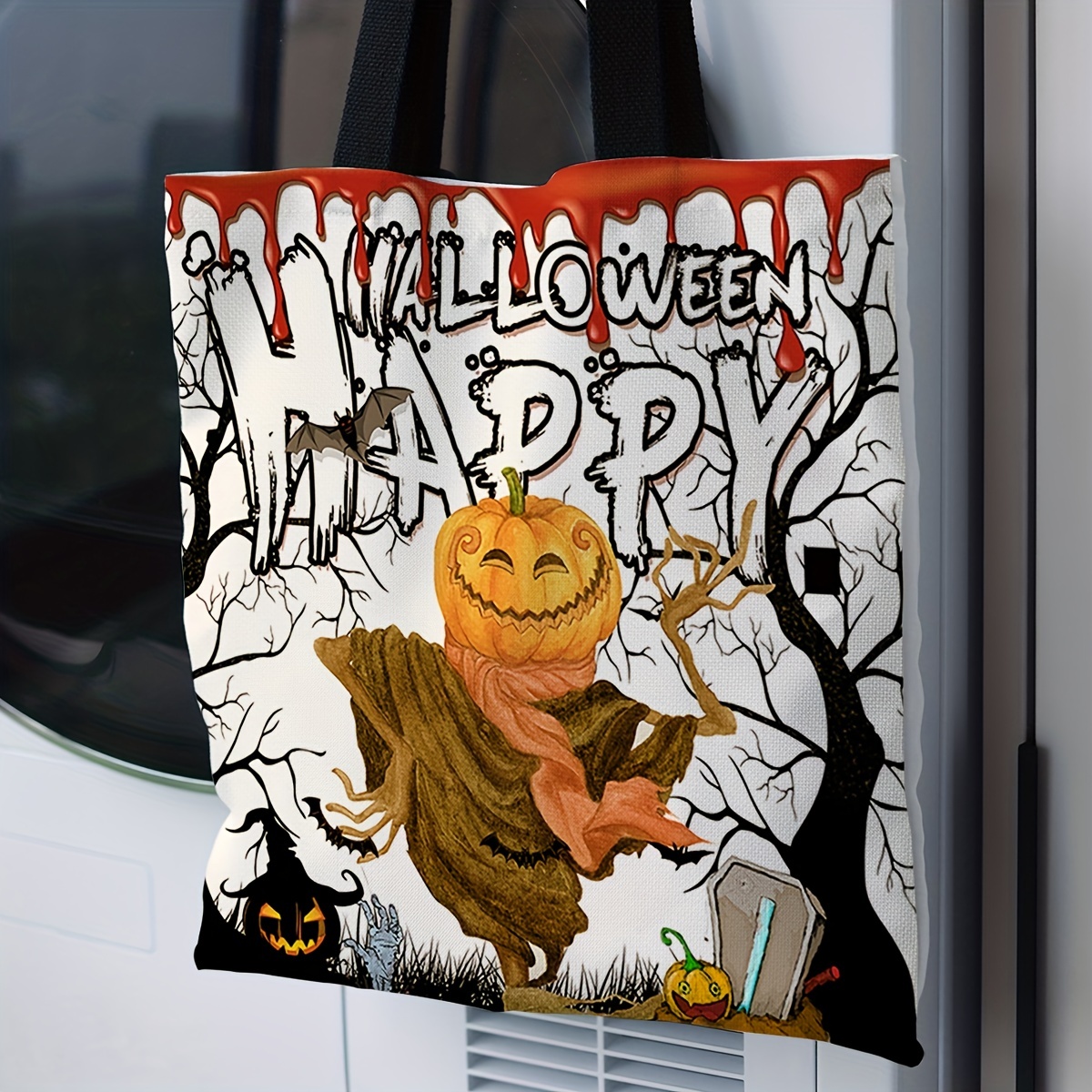 1pc Halloween Pattern Digital Print Canvas Bag, Halloween Trick Or Treat  Bags, Halloween Pumpkin Bag