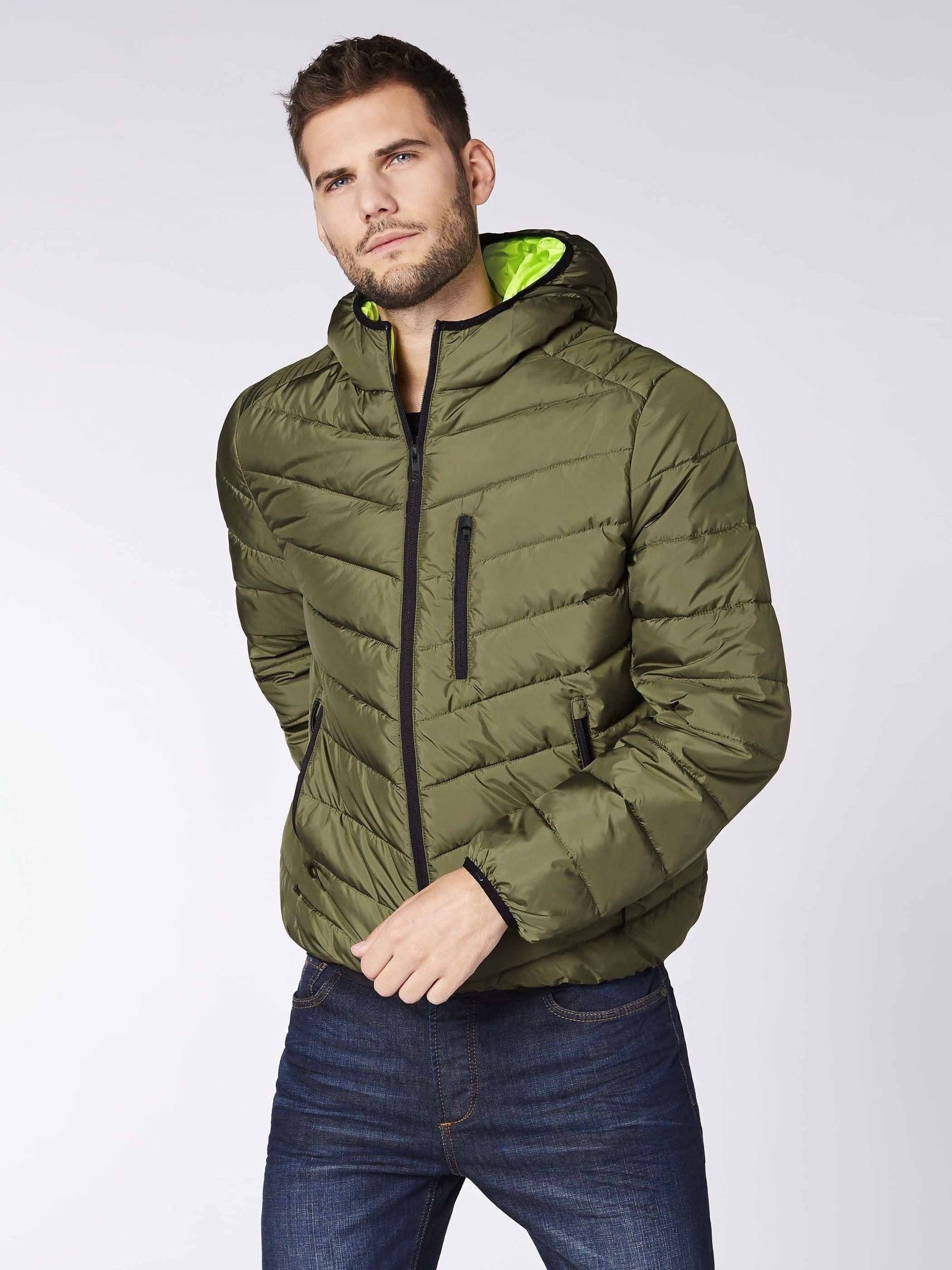 Men's Plus Size Solid Chevron Hooded Puffer Coat, Puffer Jacket, Down Jacket for Winter, Oversized Thick, Bright Neon Green Lining Warm Outwear