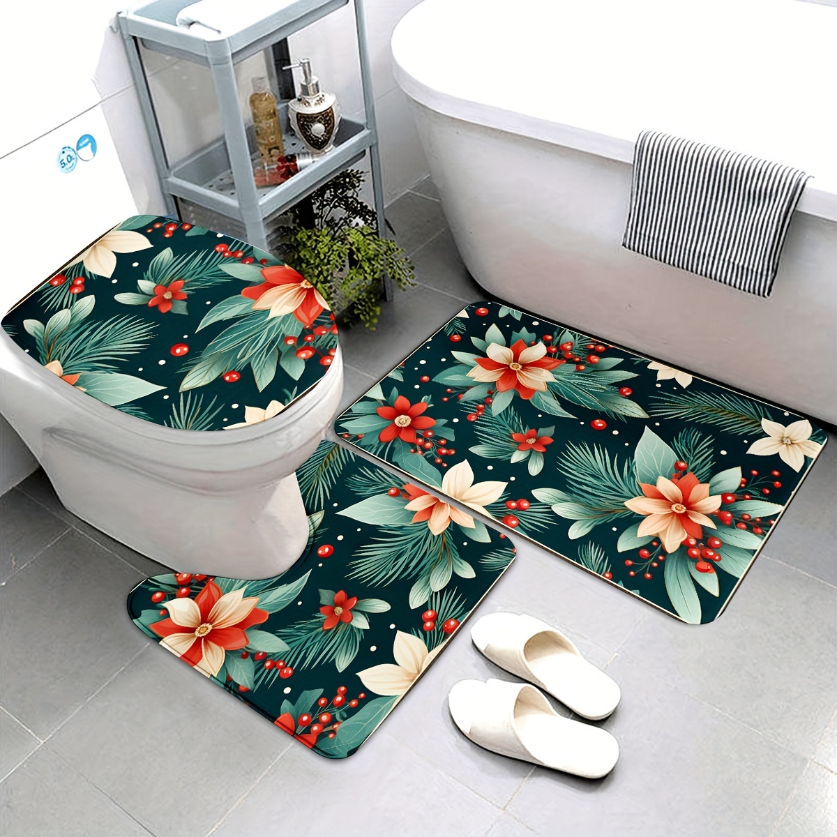 Christmas Pine Needles Flower Pattern Bathroom Rug, Bath Mats Set For  Bathroom, No Silp Washable Cover Floor Rug, Decorations For Bathroom  Bedroom, Set Includes Bath Rug, Contour Mat, And Toilet Lid Cover