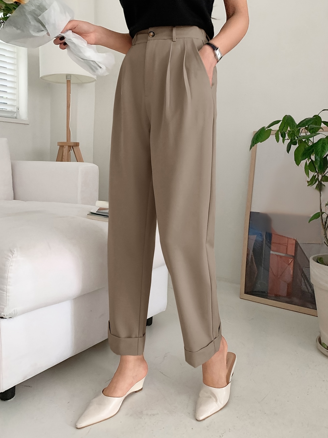 midelxp Casual Straight Leg Pants for Women High Waisted Button