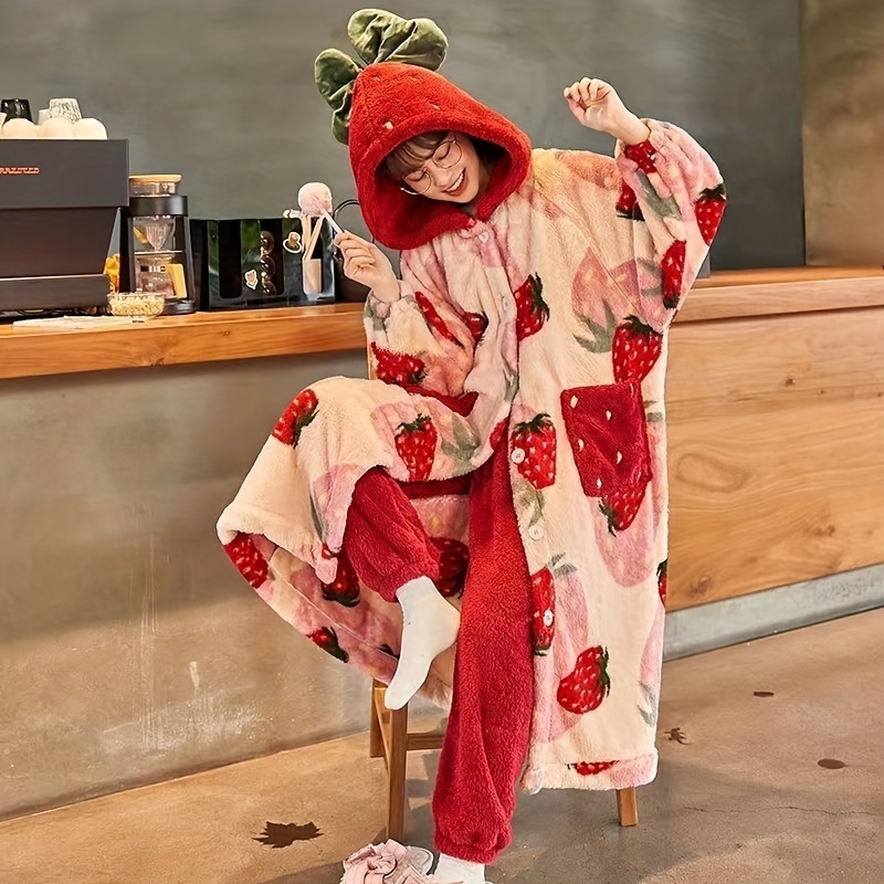 Strawberry Women's Robe Autumn Winter Coral Fleece Warm - Temu