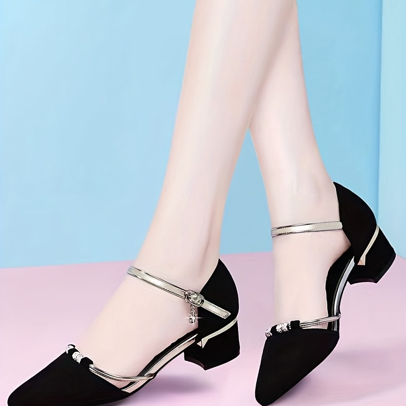 Women's Ankle Buckle Strap Block Heeled Sandals | Black Pointed Toe D'Orsay Low Heels | Our Store