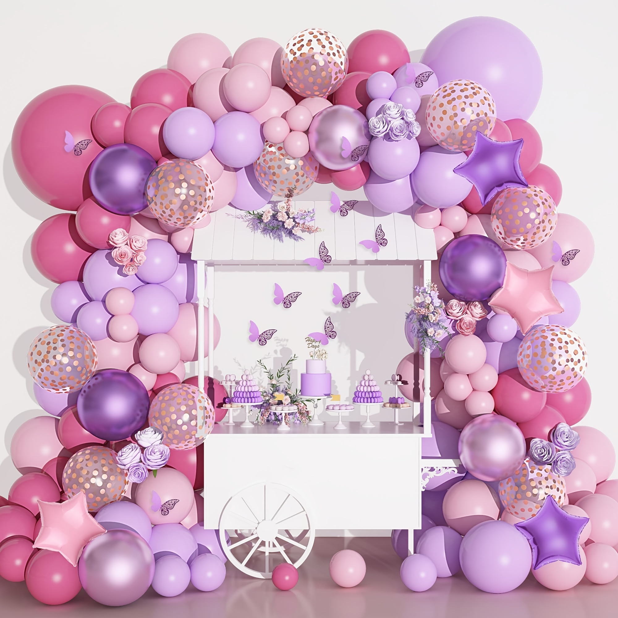 

180pcs, Pink And Purple Balloon Garland Arch Kit Butterfly Baptism Decorations For Girls, Lavender Purple Gray Pink Star Foil Balloons For Women Birthday Bridal Shower Wedding Party Supplies