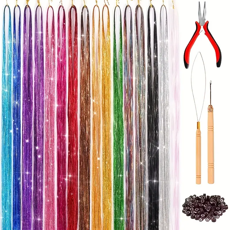 Tinsel Hair Extension With Tool 3200 Strands 16 Mixed Colors - Temu