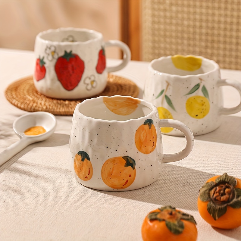 

1pc, 300ml Fruit Design Ceramic Coffee Cup, Perfect For Summer Winter Drinks And Gifts, Lovely Girl Design, Strawberry Orange Lemon Pattern Coffee Mug For Office And Home Use