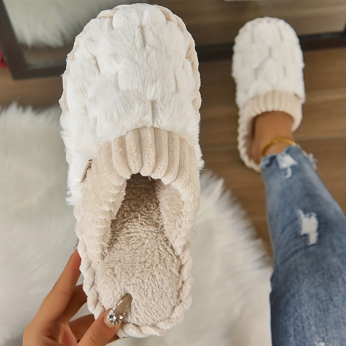 

Solid Color Fluffy Home Warm Slippers, Slip On Soft Sole Flat Non-slip Shoes, Winter Plush Cozy Indoor Shoes