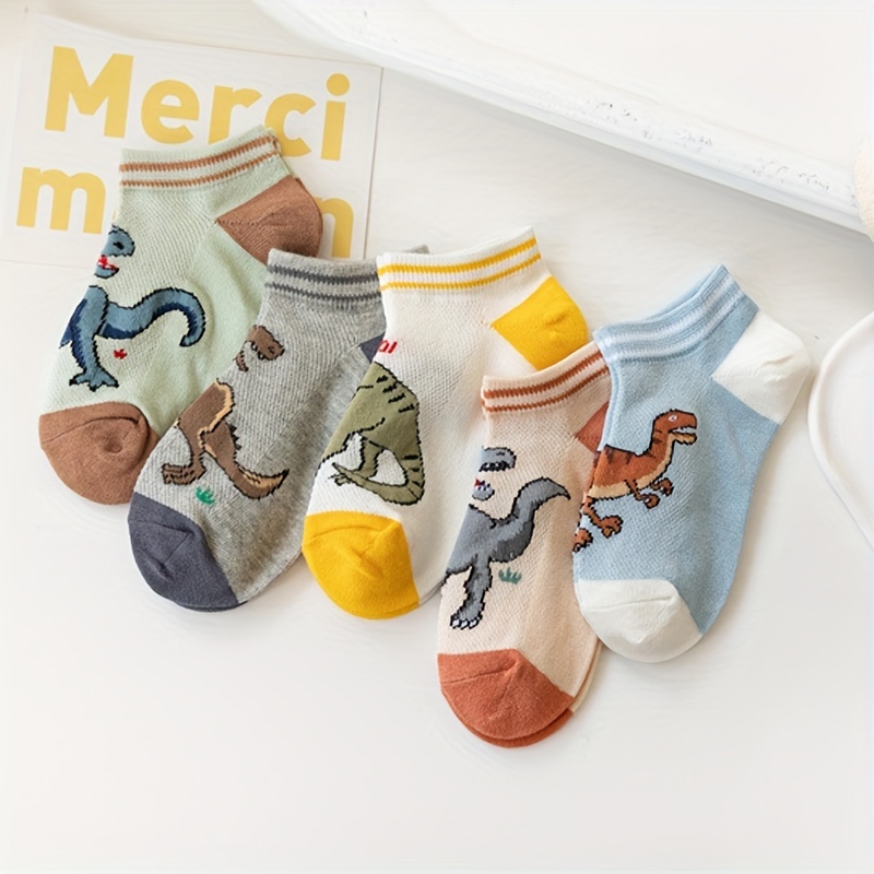 

5pairs Boys Dinosaur Print Cotton Short Crew Socks, Breathable Comfortable Deodorant Sport Socks For Kids Children Toddlers