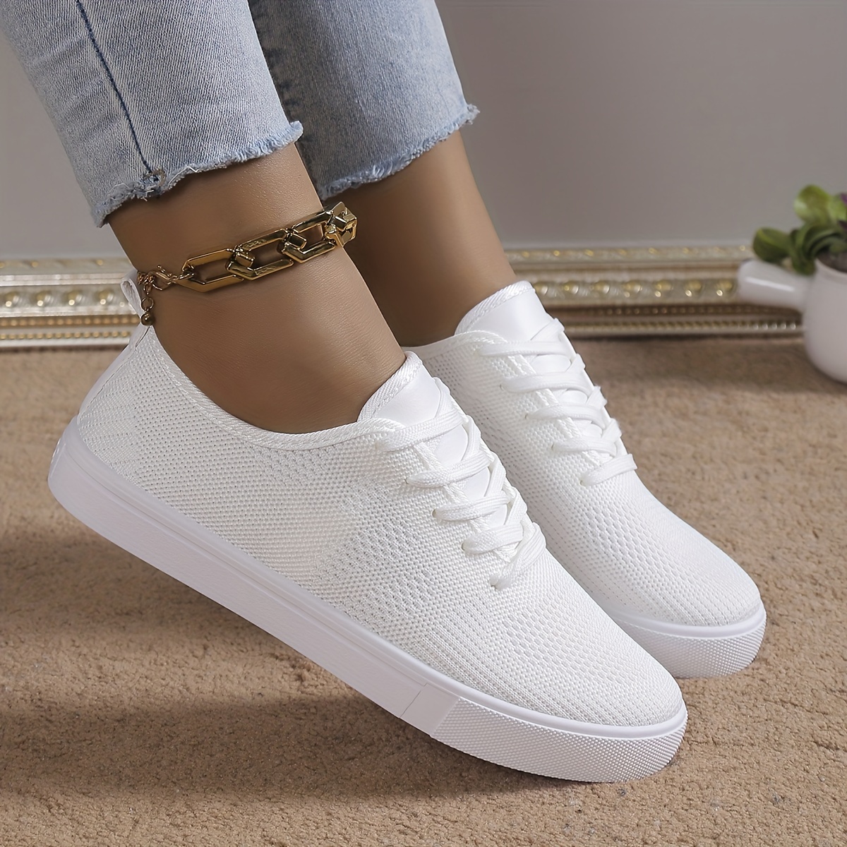 

Women's Whit Knitted Skate Shoes, Breathable Lace Up Loe Top Flat Sneakers, Comfy Walking Shoes