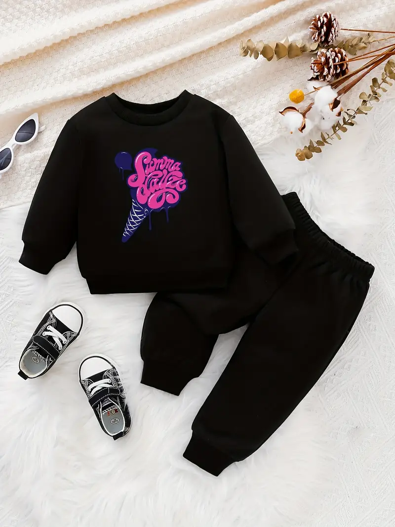 Fleece Outfit Set Baby Girls Comfy Set Letter Ice Cream - Temu