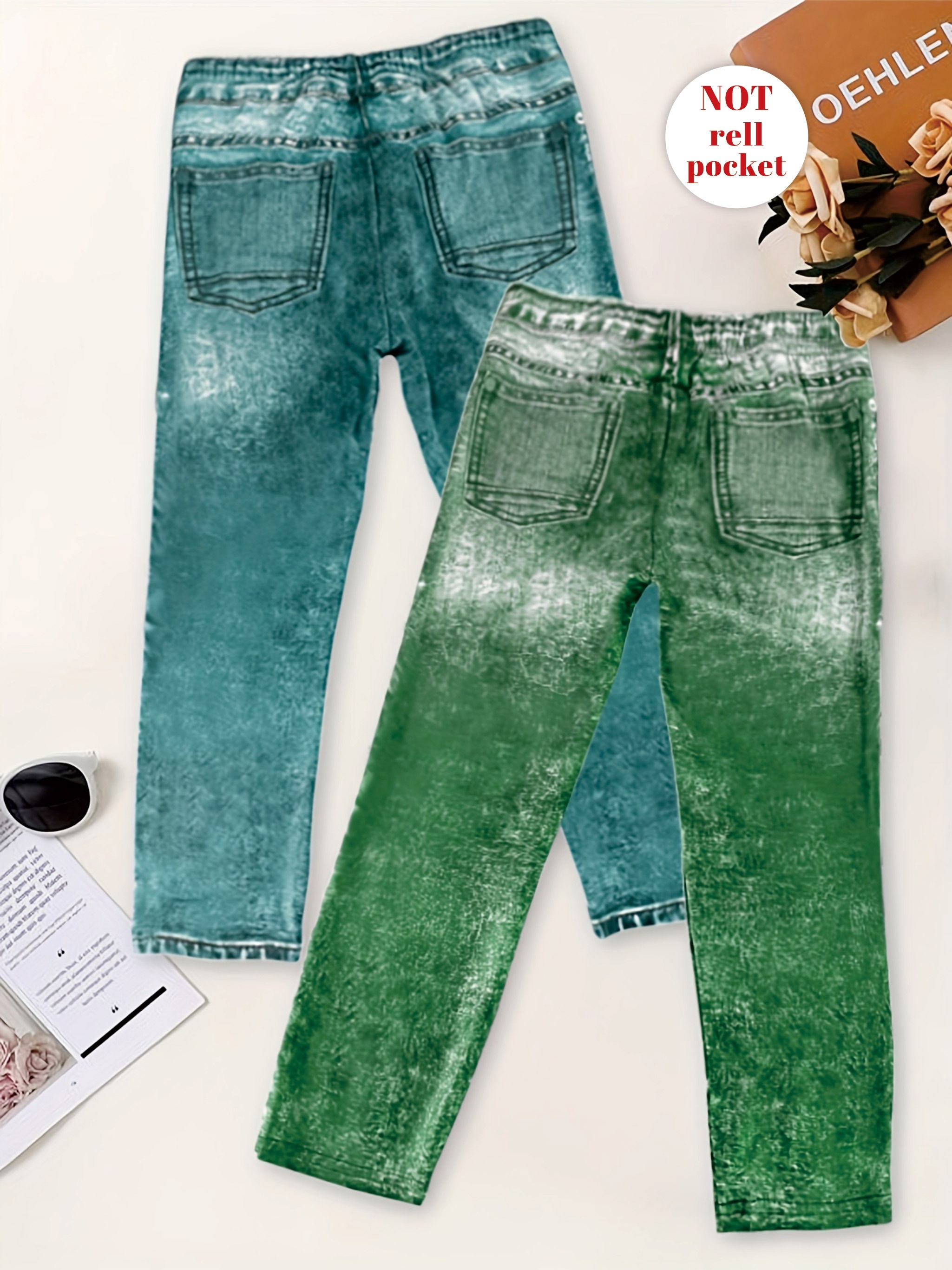 Girls 3d Imitation Denim Print Allover Print Leggings Visual - Temu Canada