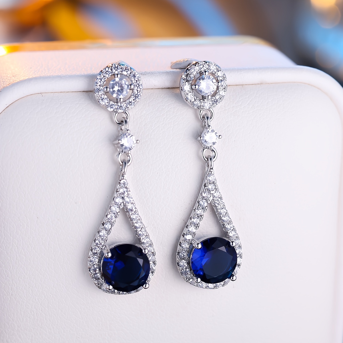 Elegant Blue Teardrop Zirconia Dangle Earrings For Women - Luxurious Long Style With Sparkling Accents, Ideal For Parties, Birthdays, Engagements & Weddings, Cute Earrings