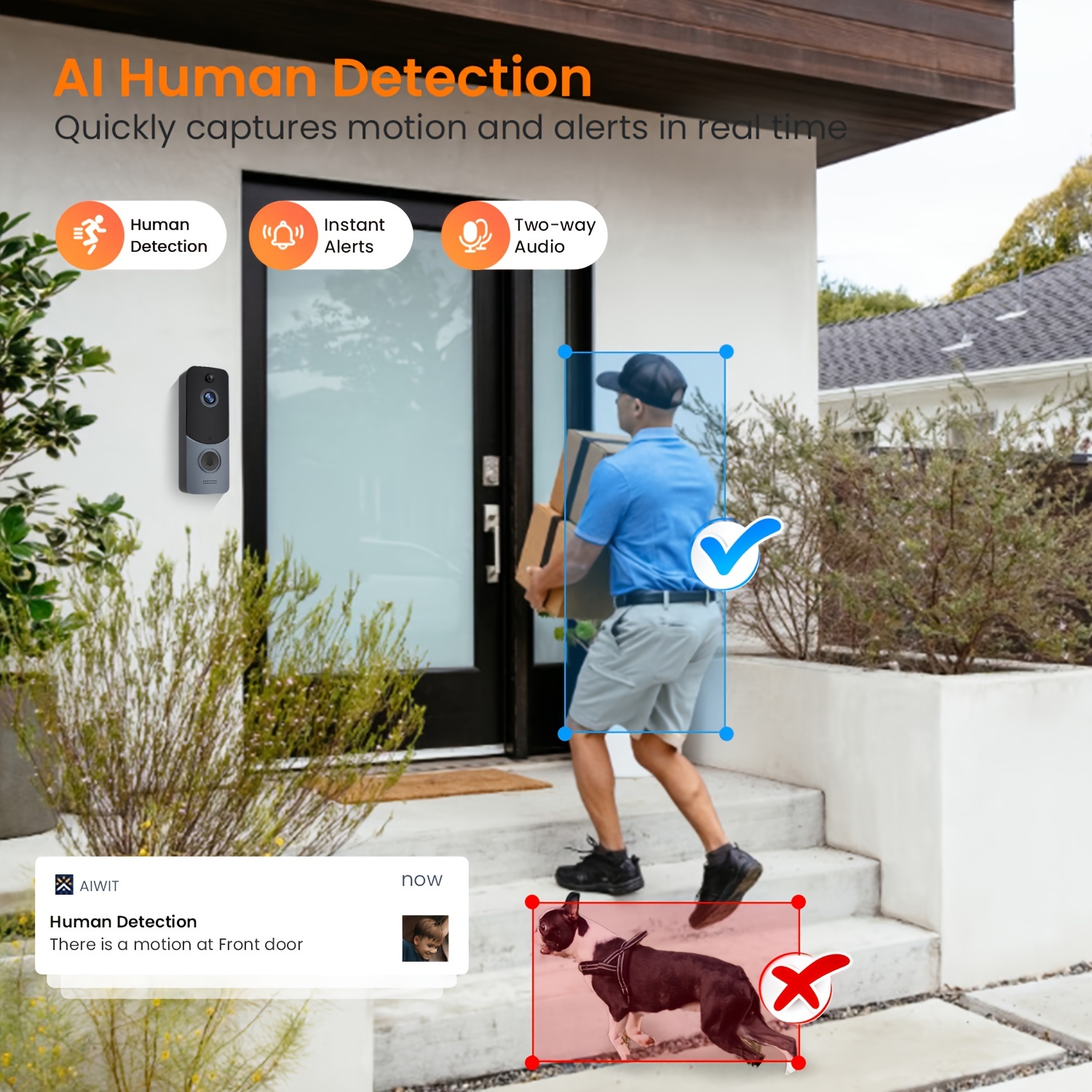 1pc Timbre De Video Inteligente Inalámbrico Con Detección Humana AI  Inteligente, Cámara Interior Y Exterior, Audio Bidireccional, Visión  Nocturna, Tim