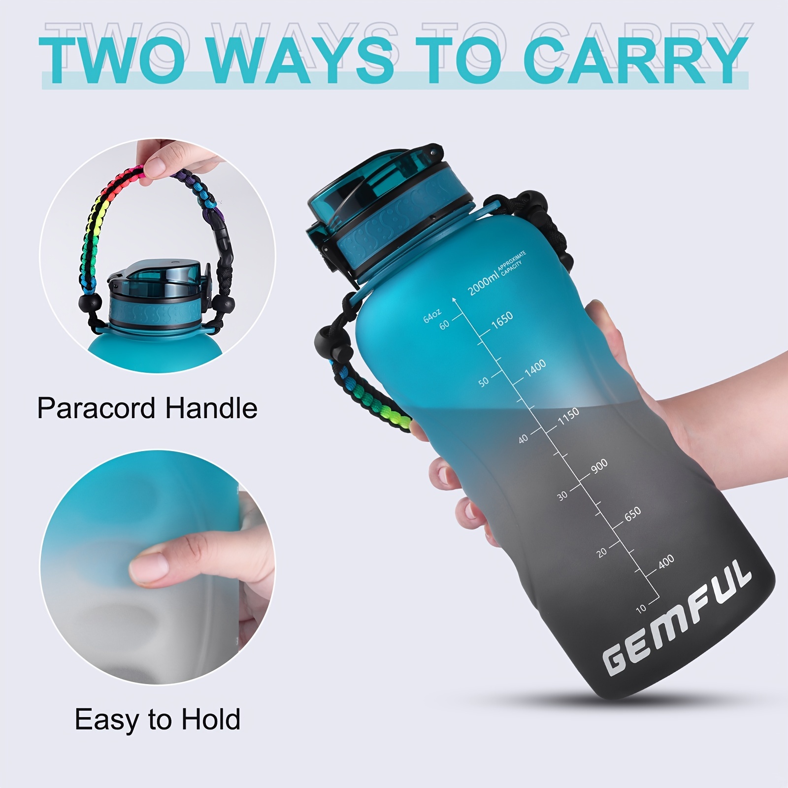 GEMFUL 3 Liter Large Water Bottle Inspirational BPA Free with Time Marker  and Straw Portable Jug for Outdoor Sports and Fitness