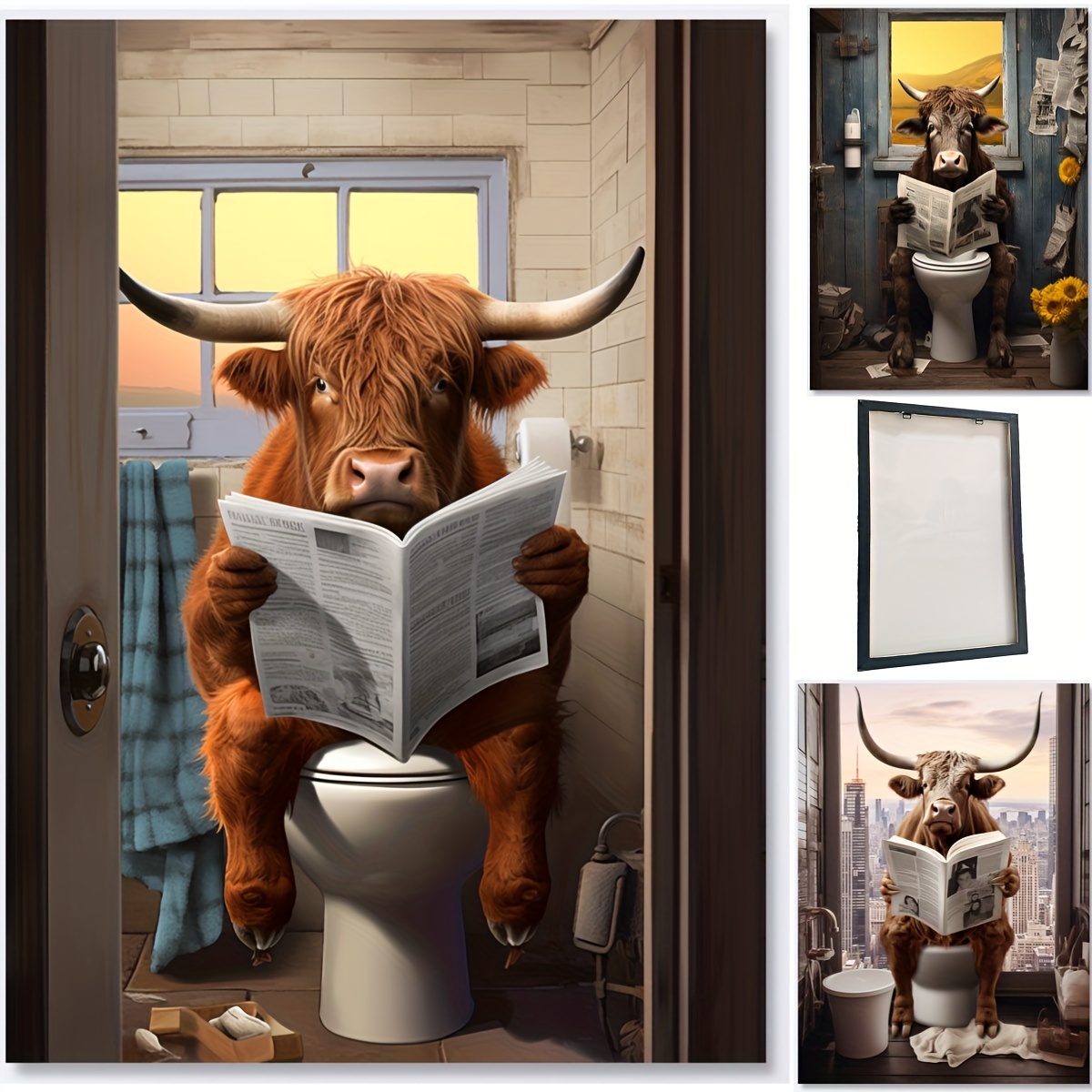 1pc Framed Cows Are Reading Newspapers Canvas Print Poster, Highland ...