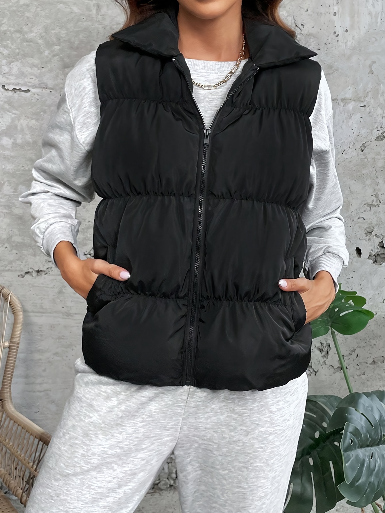Solid Zip Thermal Vest Jacket Casual Sleeveless Crop Jacket - Temu
