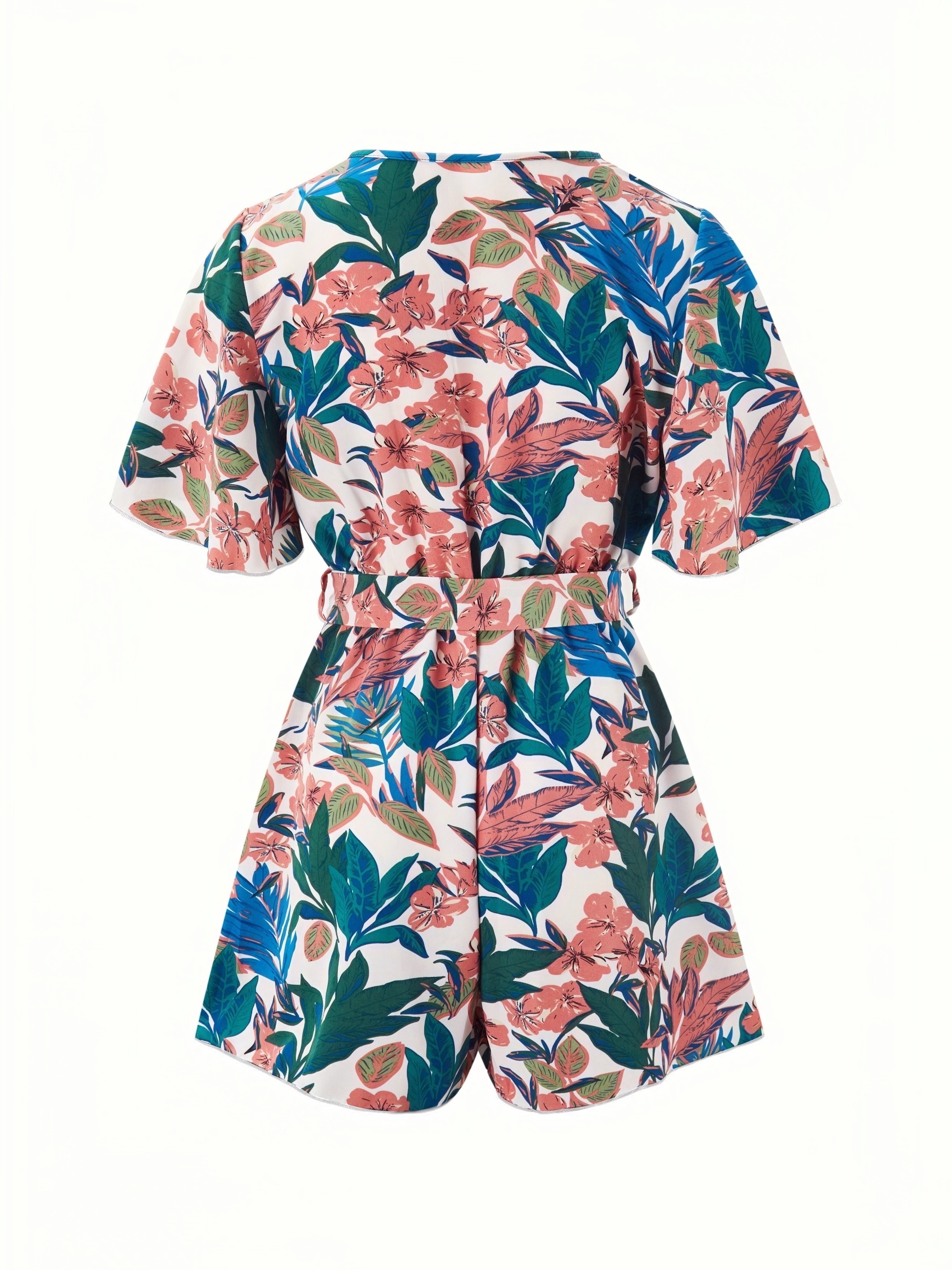 Boho Floral Print Belted Jumpsuit Flutter Sleeve Deep V Neck Casual Jumpsuit