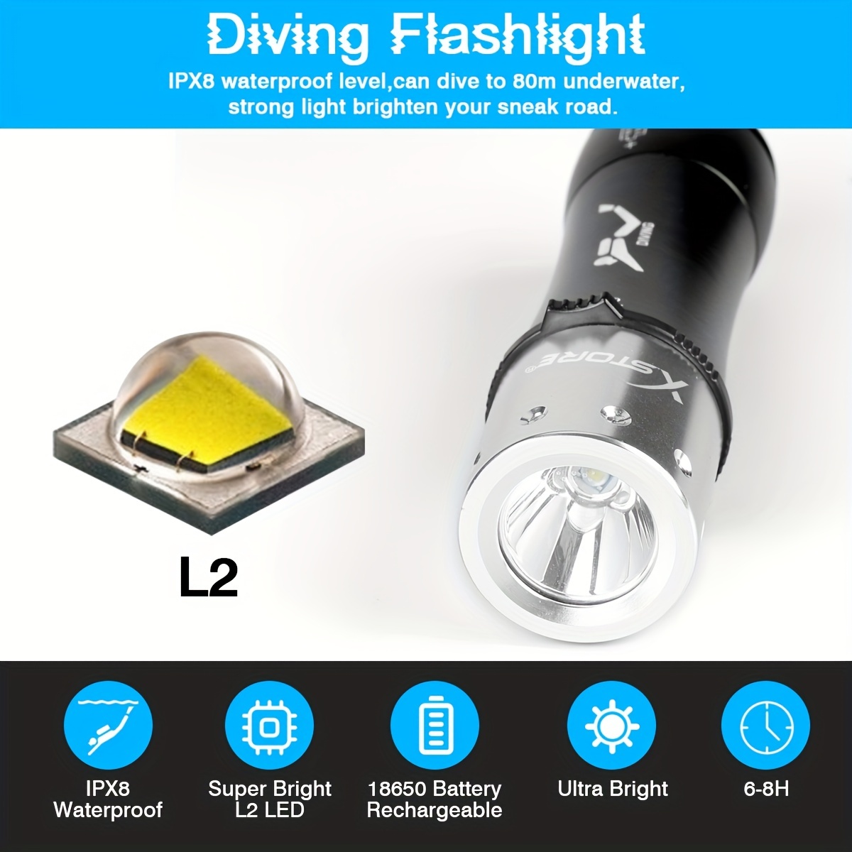 Luz de buceo súper brillante, linterna de buceo subacuática impermeable,  linterna de buceo nocturno con batería recargable y cargador